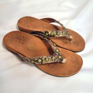Vionic Floriana Brown Snakeskin Jewel Sandals Flipflops Women's Size 9